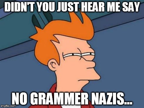Futurama Fry Meme | DIDN'T YOU JUST HEAR ME SAY NO GRAMMER NAZIS... | image tagged in memes,futurama fry | made w/ Imgflip meme maker