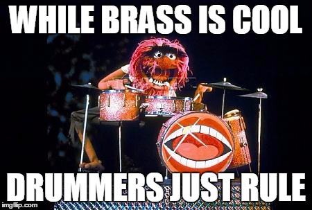 Animal on drums | WHILE BRASS IS COOL DRUMMERS JUST RULE | image tagged in animal on drums | made w/ Imgflip meme maker
