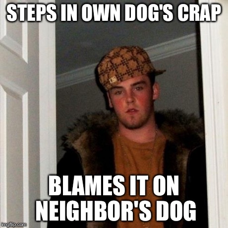 Scumbag Steve Meme | STEPS IN OWN DOG'S CRAP BLAMES IT ON NEIGHBOR'S DOG | image tagged in memes,scumbag steve | made w/ Imgflip meme maker