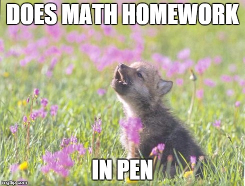 Baby Insanity Wolf | DOES MATH HOMEWORK IN PEN | image tagged in memes,baby insanity wolf | made w/ Imgflip meme maker