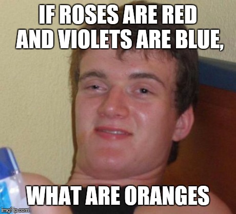 10 Guy Meme | IF ROSES ARE RED AND VIOLETS ARE BLUE, WHAT ARE ORANGES | image tagged in memes,10 guy | made w/ Imgflip meme maker