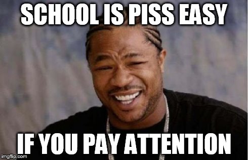 Yo Dawg Heard You Meme | SCHOOL IS PISS EASY IF YOU PAY ATTENTION | image tagged in memes,yo dawg heard you | made w/ Imgflip meme maker