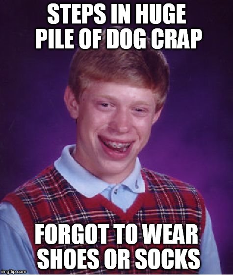 Bad Luck Brian Meme | STEPS IN HUGE PILE OF DOG CRAP FORGOT TO WEAR SHOES OR SOCKS | image tagged in memes,bad luck brian | made w/ Imgflip meme maker