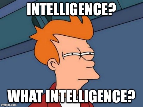 Futurama Fry Meme | INTELLIGENCE? WHAT INTELLIGENCE? | image tagged in memes,futurama fry | made w/ Imgflip meme maker