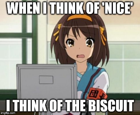 Haruhi Internet disturbed | WHEN I THINK OF 'NICE' I THINK OF THE BISCUIT | image tagged in haruhi internet disturbed | made w/ Imgflip meme maker