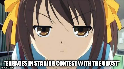 Haruhi stare | *ENGAGES IN STARING CONTEST WITH THE GHOST* | image tagged in haruhi stare | made w/ Imgflip meme maker