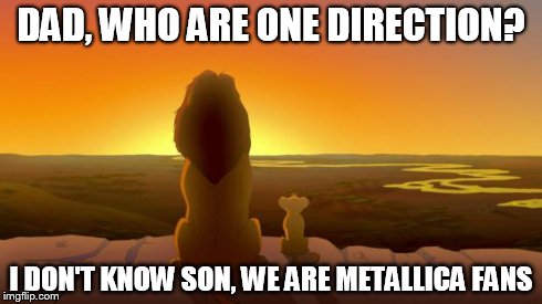 Lion King & son | DAD, WHO ARE ONE DIRECTION? I DON'T KNOW SON, WE ARE METALLICA FANS | image tagged in lion king  son,one direction,metallica | made w/ Imgflip meme maker