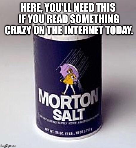 HERE, YOU'LL NEED THIS IF YOU READ SOMETHING CRAZY ON THE INTERNET TODAY. | image tagged in grain of salt | made w/ Imgflip meme maker