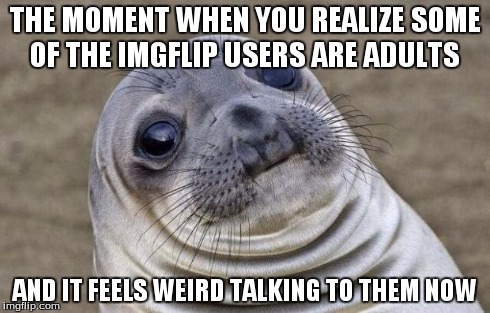 Awkward Moment Sealion | THE MOMENT WHEN YOU REALIZE SOME OF THE IMGFLIP USERS ARE ADULTS AND IT FEELS WEIRD TALKING TO THEM NOW | image tagged in memes,awkward moment sealion | made w/ Imgflip meme maker