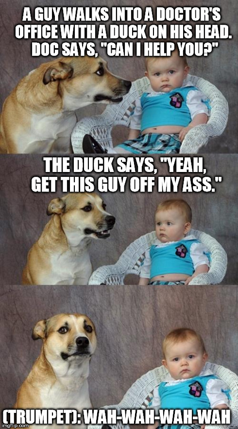 Dad Joke Dog Meme | A GUY WALKS INTO A DOCTOR'S OFFICE WITH A DUCK ON HIS HEAD.  DOC SAYS, "CAN I HELP YOU?" THE DUCK SAYS, "YEAH, GET THIS GUY OFF MY ASS." (TR | image tagged in memes,dad joke dog,bad pun dog,bad joke dog | made w/ Imgflip meme maker