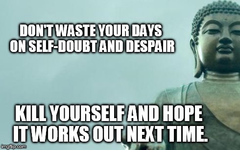 buddha | DON'T WASTE YOUR DAYS ON SELF-DOUBT AND DESPAIR KILL YOURSELF AND HOPE IT WORKS OUT NEXT TIME. | image tagged in buddha | made w/ Imgflip meme maker