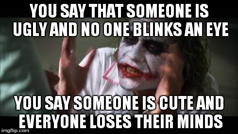 And everybody loses their minds Meme | YOU SAY THAT SOMEONE IS UGLY AND NO ONE BLINKS AN EYE YOU SAY SOMEONE IS CUTE AND EVERYONE LOSES THEIR MINDS | image tagged in memes,and everybody loses their minds | made w/ Imgflip meme maker
