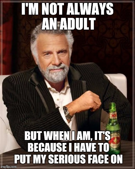 The Most Interesting Man In The World Meme | I'M NOT ALWAYS AN ADULT BUT WHEN I AM, IT'S BECAUSE I HAVE TO PUT MY SERIOUS FACE ON | image tagged in memes,the most interesting man in the world | made w/ Imgflip meme maker