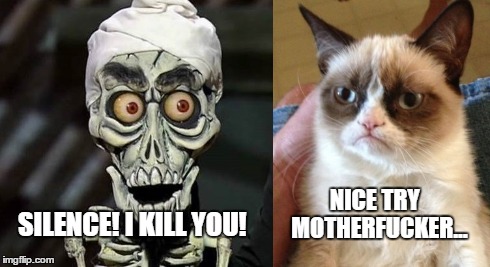 Achmed The Dead Terrorist Vs Grumpy Cat | SILENCE! I KILL YOU! NICE TRY MOTHERF**KER... | image tagged in achmed the dead terrorist,grumpy cat,memes | made w/ Imgflip meme maker