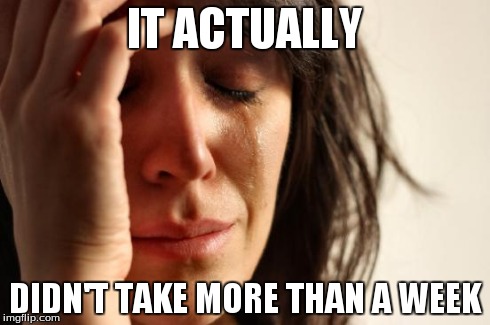 First World Problems Meme | IT ACTUALLY DIDN'T TAKE MORE THAN A WEEK | image tagged in memes,first world problems | made w/ Imgflip meme maker