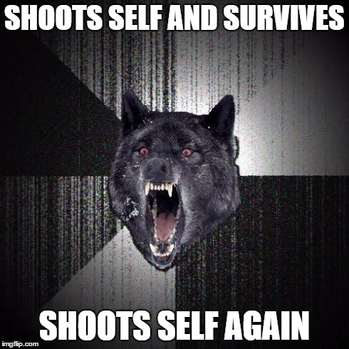 Insanity Wolf Meme | SHOOTS SELF AND SURVIVES SHOOTS SELF AGAIN | image tagged in memes,insanity wolf | made w/ Imgflip meme maker