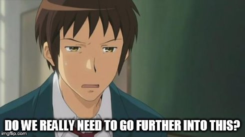 Kyon WTF | DO WE REALLY NEED TO GO FURTHER INTO THIS? | image tagged in kyon wtf | made w/ Imgflip meme maker