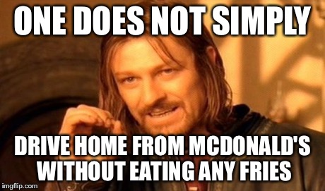 ONE DOES NOT SIMPLY DRIVE HOME FROM MCDONALD'S WITHOUT EATING ANY FRIES | image tagged in memes,one does not simply | made w/ Imgflip meme maker