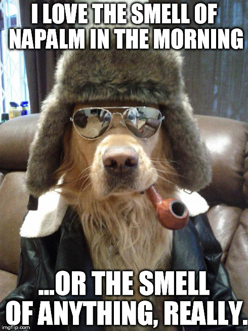 Napalm Dog | I LOVE THE SMELL OF NAPALM IN THE MORNING ...OR THE SMELL OF ANYTHING, REALLY. | image tagged in napalm dog | made w/ Imgflip meme maker