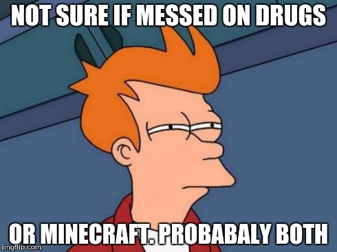 Futurama Fry | NOT SURE IF MESSED ON DRUGS OR MINECRAFT. PROBABALY BOTH | image tagged in memes,futurama fry | made w/ Imgflip meme maker