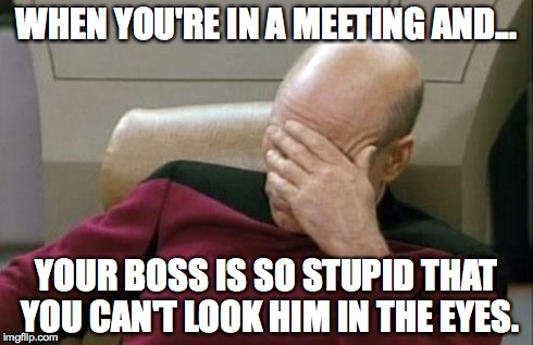 Captain Picard Facepalm Meme | WHEN YOU'RE IN A MEETING AND... YOUR BOSS IS SO STUPID THAT YOU CAN'T LOOK HIM IN THE EYES. | image tagged in memes,captain picard facepalm | made w/ Imgflip meme maker