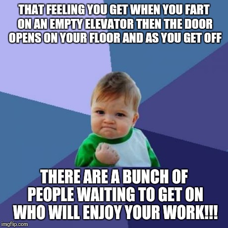 Success Kid Meme | THAT FEELING YOU GET WHEN YOU FART ON AN EMPTY ELEVATOR THEN THE DOOR OPENS ON YOUR FLOOR AND AS YOU GET OFF THERE ARE A BUNCH OF PEOPLE WAI | image tagged in memes,success kid | made w/ Imgflip meme maker