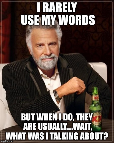 The Most Interesting Man In The World Meme | I RARELY USE MY WORDS BUT WHEN I DO, THEY ARE USUALLY....WAIT, WHAT WAS I TALKING ABOUT? | image tagged in memes,the most interesting man in the world | made w/ Imgflip meme maker