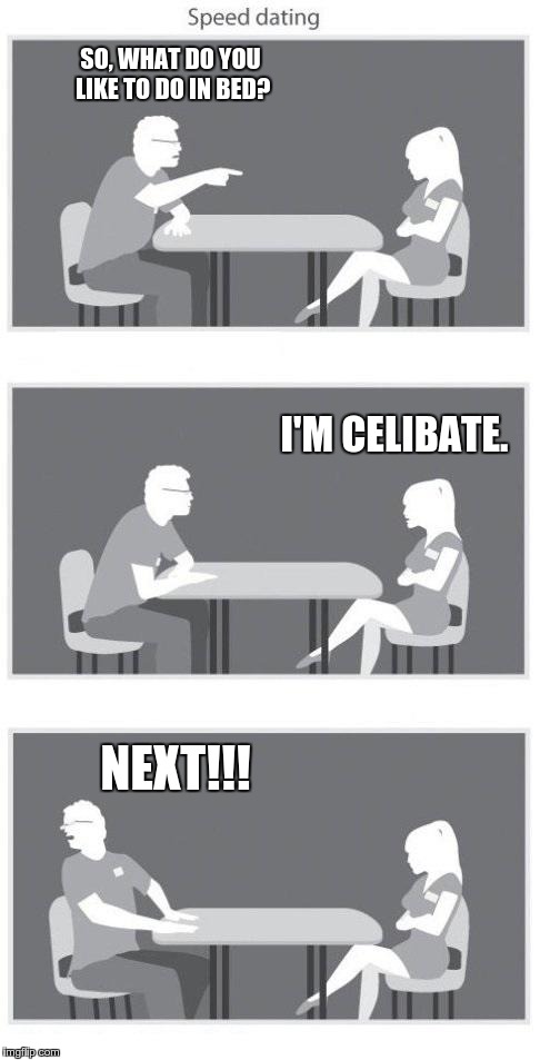Speed dating | SO, WHAT DO YOU LIKE TO DO IN BED? I'M CELIBATE. NEXT!!! | image tagged in speed dating,memes | made w/ Imgflip meme maker