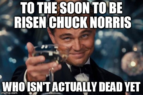 Leonardo Dicaprio Cheers Meme | TO THE SOON TO BE RISEN CHUCK NORRIS WHO ISN'T ACTUALLY DEAD YET | image tagged in memes,leonardo dicaprio cheers | made w/ Imgflip meme maker