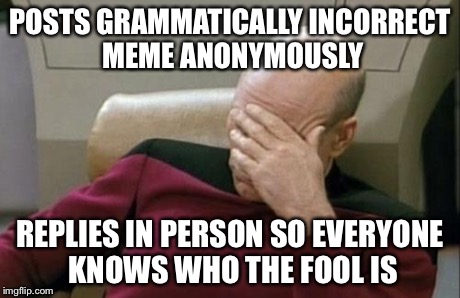 Captain Picard Facepalm Meme | POSTS GRAMMATICALLY INCORRECT MEME ANONYMOUSLY REPLIES IN PERSON SO EVERYONE KNOWS WHO THE FOOL IS | image tagged in memes,captain picard facepalm | made w/ Imgflip meme maker