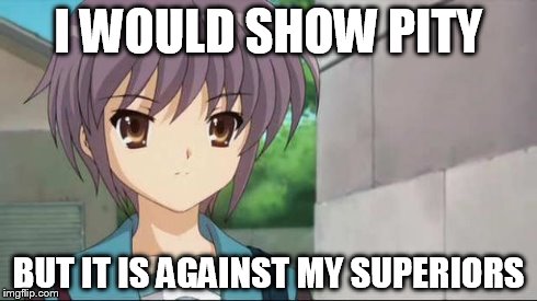 Nagato Blank Stare | I WOULD SHOW PITY BUT IT IS AGAINST MY SUPERIORS | image tagged in nagato blank stare | made w/ Imgflip meme maker