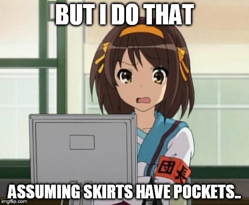 Haruhi Internet disturbed | BUT I DO THAT ASSUMING SKIRTS HAVE POCKETS.. | image tagged in haruhi internet disturbed | made w/ Imgflip meme maker