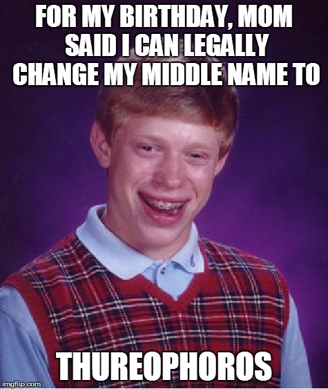 Bad Luck Brian Meme | FOR MY BIRTHDAY, MOM SAID I CAN LEGALLY CHANGE MY MIDDLE NAME TO THUREOPHOROS | image tagged in memes,bad luck brian | made w/ Imgflip meme maker