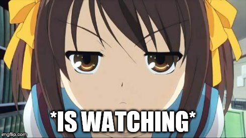 Haruhi stare | *IS WATCHING* | image tagged in haruhi stare | made w/ Imgflip meme maker
