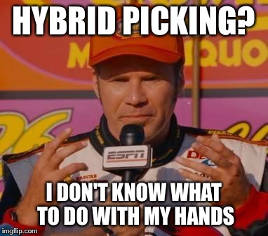 Ricky Bobby Hands | HYBRID PICKING? I DON'T KNOW WHAT TO DO WITH MY HANDS | image tagged in ricky bobby hands | made w/ Imgflip meme maker