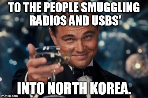 Leonardo Dicaprio Cheers | TO THE PEOPLE SMUGGLING RADIOS AND USBS' INTO NORTH KOREA. | image tagged in memes,leonardo dicaprio cheers | made w/ Imgflip meme maker