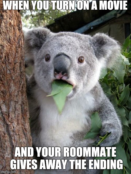 Surprised Koala | WHEN YOU TURN ON A MOVIE AND YOUR ROOMMATE GIVES AWAY THE ENDING | image tagged in memes,surprised koala | made w/ Imgflip meme maker