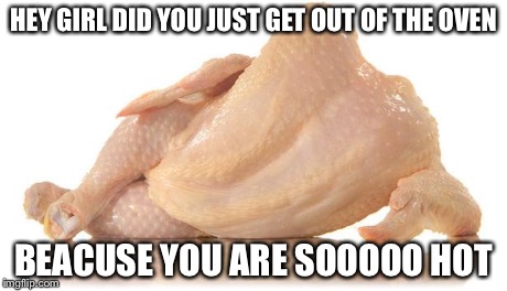 sexy chicken | HEY GIRL DID YOU JUST GET OUT OF THE OVEN BEACUSE YOU ARE SOOOOO HOT | image tagged in sexy chicken | made w/ Imgflip meme maker
