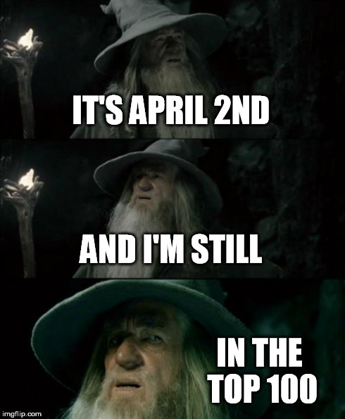 Confused Gandalf Meme | IT'S APRIL 2ND AND I'M STILL IN THE TOP 100 | image tagged in memes,confused gandalf | made w/ Imgflip meme maker