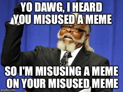 Too Damn High Meme | YO DAWG, I HEARD YOU MISUSED A MEME SO I'M MISUSING A MEME ON YOUR MISUSED MEME | image tagged in memes,too damn high | made w/ Imgflip meme maker