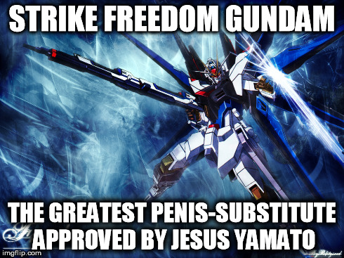 STRIKE FREEDOM GUNDAM THE GREATEST P**IS-SUBSTITUTE APPROVED BY JESUS YAMATO | image tagged in gundam,anime | made w/ Imgflip meme maker