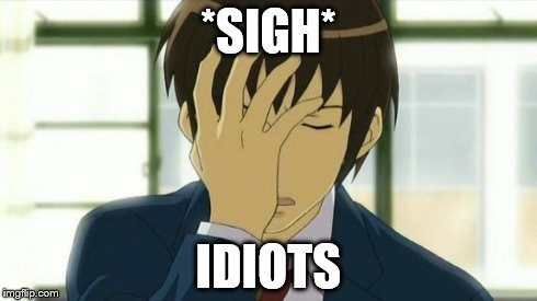 Kyon Facepalm Ver 2 | *SIGH* IDIOTS | image tagged in kyon facepalm ver 2 | made w/ Imgflip meme maker