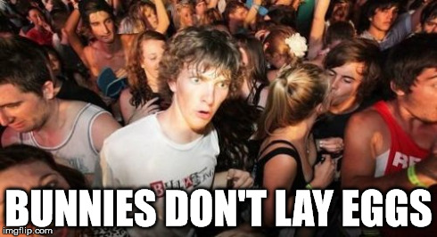 Sudden Clarity Clarence | BUNNIES DON'T LAY EGGS | image tagged in memes,sudden clarity clarence | made w/ Imgflip meme maker
