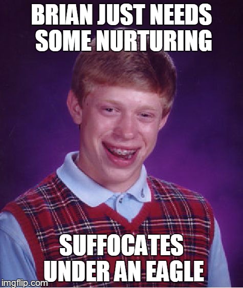 Bad Luck Brian Meme | BRIAN JUST NEEDS SOME NURTURING SUFFOCATES UNDER AN EAGLE | image tagged in memes,bad luck brian | made w/ Imgflip meme maker