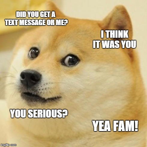 Doge Meme | DID YOU GET A TEXT MESSAGE OR ME? I THINK IT WAS YOU YOU SERIOUS? YEA FAM! | image tagged in memes,doge | made w/ Imgflip meme maker