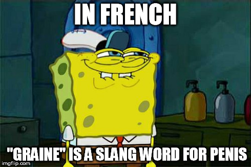 Don't You Squidward Meme | IN FRENCH "GRAINE" IS A SLANG WORD FOR P**IS | image tagged in memes,dont you squidward | made w/ Imgflip meme maker