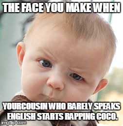 Skeptical Baby Meme | THE FACE YOU MAKE WHEN YOURCOUSIN WHO BARELY SPEAKS ENGLISH STARTS RAPPING COCO. | image tagged in memes,skeptical baby | made w/ Imgflip meme maker