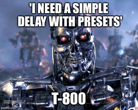 Terminator Robot T-800 | 'I NEED A SIMPLE DELAY WITH PRESETS' T-800 | image tagged in terminator robot t-800 | made w/ Imgflip meme maker