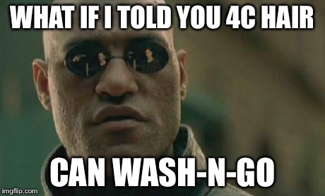 Matrix Morpheus Meme | WHAT IF I TOLD YOU 4C HAIR CAN WASH-N-GO | image tagged in memes,matrix morpheus | made w/ Imgflip meme maker