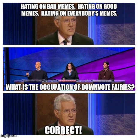 HATING ON BAD MEMES.  HATING ON GOOD MEMES.  HATING ON EVERYBODY'S MEMES. WHAT IS THE OCCUPATION OF DOWNVOTE FAIRIES? CORRECT! | image tagged in memes,downvote fairy | made w/ Imgflip meme maker
